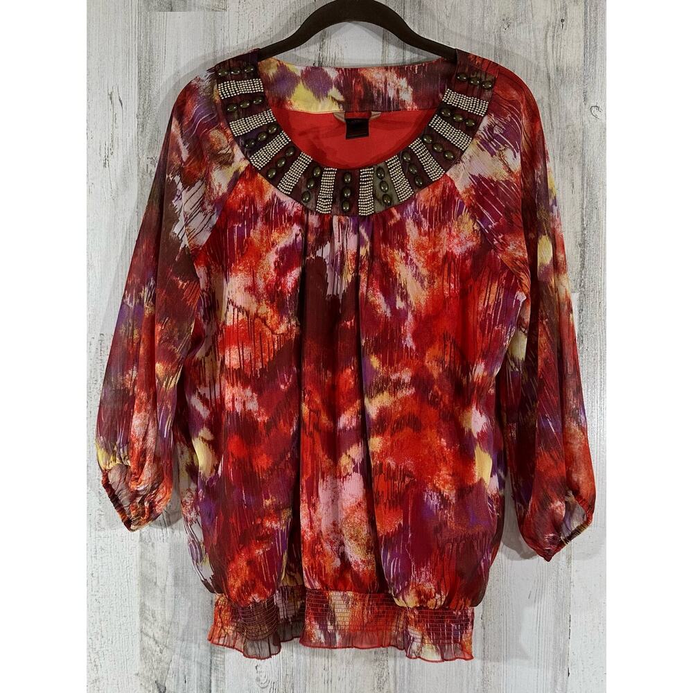 Multiples Shirt Blouse Size Medium Red-Orange Abstract Shirred Hem Beaded Collar